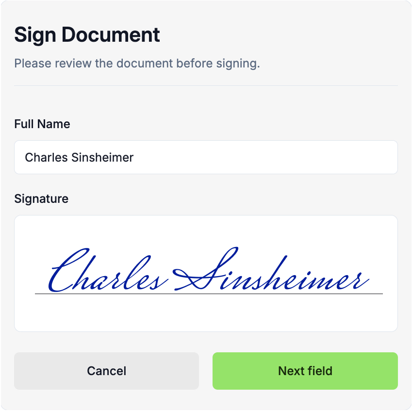 A screenshot of Constructable's built-in eSigning feature showing the simple, clear interface that the project's owner sees when eSigning a prime change order. There are fields for the owner to enter their name and draw or upload their signature, and a button to proceed to the next eSigning field.