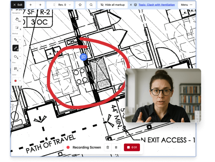 A screenshot of Constructable's drawing viewer with a user who is using the Screen Recording feature to record their screen while they add markup to the drawing and explain the issue. During the screen recording, users are able to add markups and annotations, gesture with their mouse cursor to draw attention to specific areas of the drawing, and record voice over to help further highlight specific areas of the drawing. The screen recording is saved as a video and attached to a comment which is pinned directly on the drawing sheet for easy discussion and collaboration right in context.