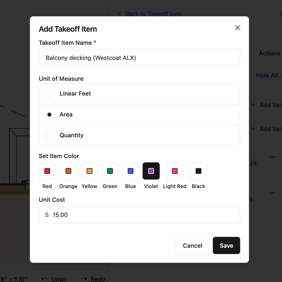 A screenshot of Constructable's takeoffs feature, showing the dialog that users see when they want to add a new takeoff item to a takeoff category. The dialog shows a form with fields for the item name, unit of measurement (linear feet, area, or quantity marker), unit cost, and color selection.